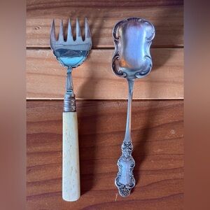 Rogers & Bros Silverplate Server Spoon + Unmarked Bone Handle Fork 6”